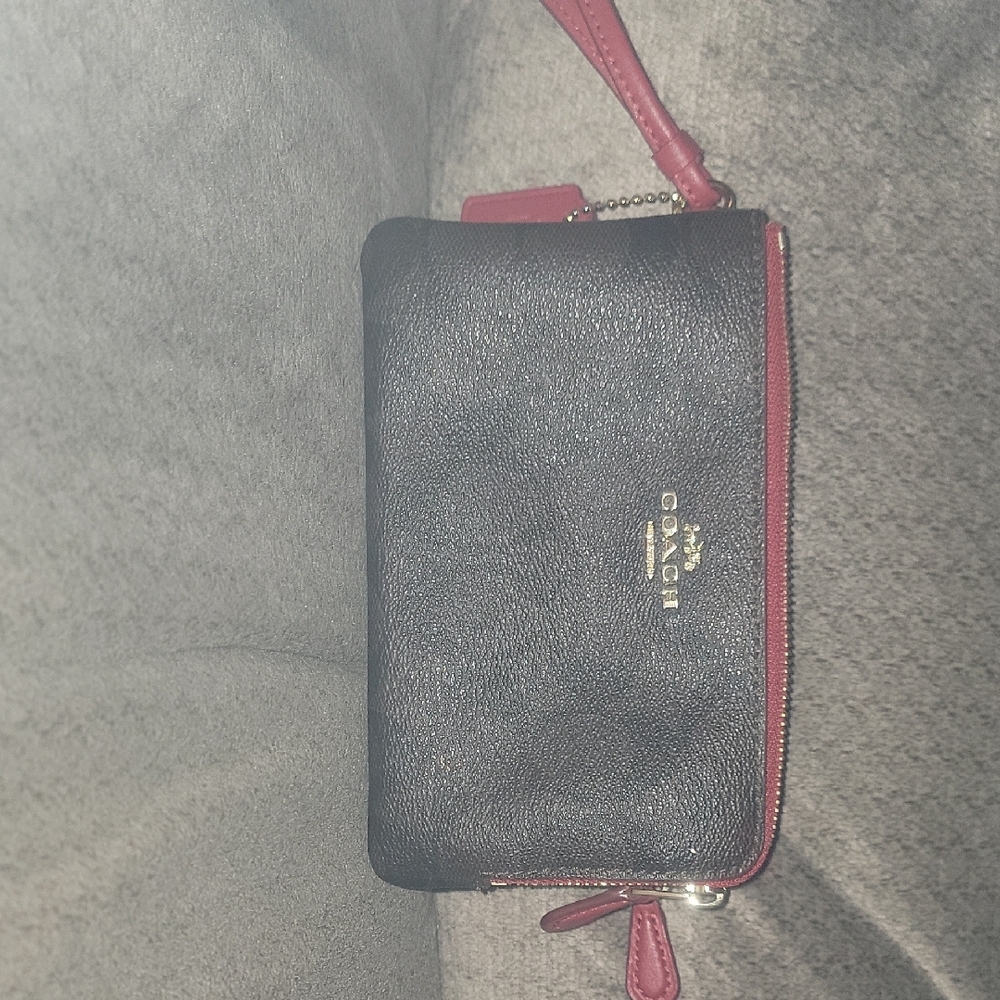 Coach Black and Red Clutch with Textured Leather and Metallic Logo